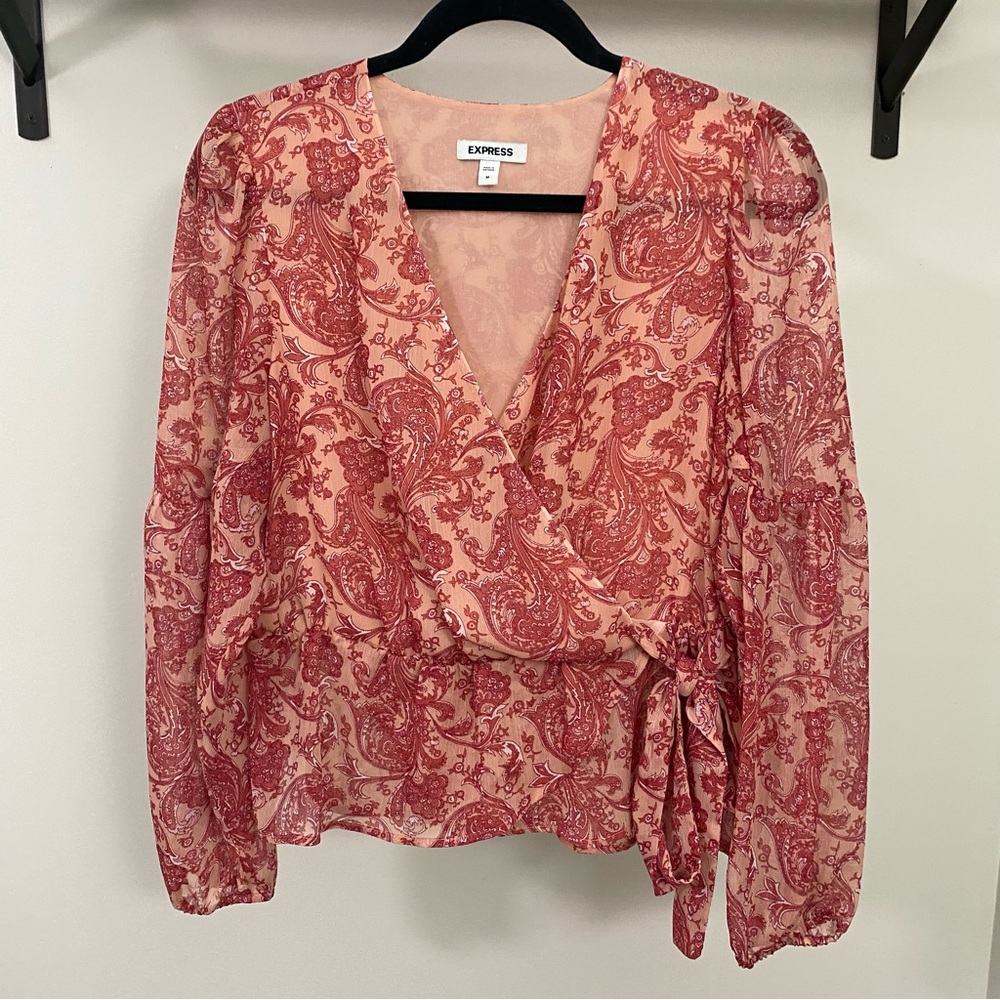 ⭐️ 2/$40 ⭐️ Express Red and Pink Wrap Blouse with Tie Front